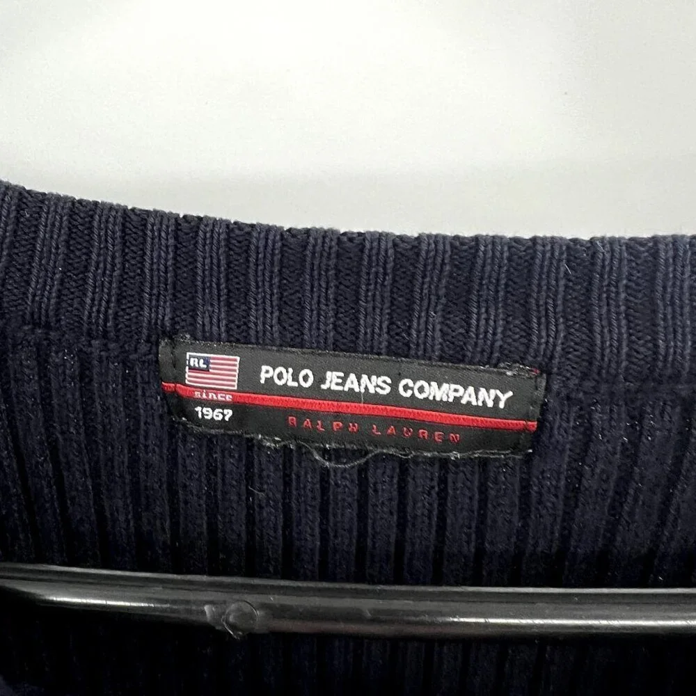 Vintage Polo Ralph Lauren Navy Ribbed Red Arm Stripe Sweater Mens Large